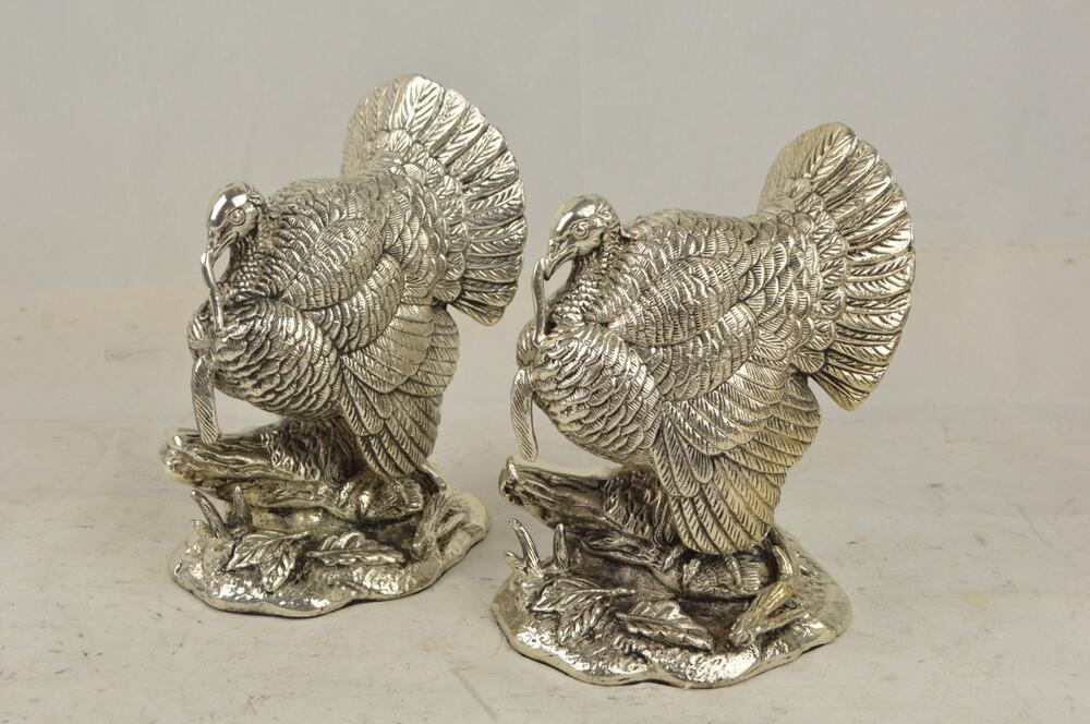 Set x2 Pair Silver Tone Metal Turkey Figurines Thanksgiving Fall Table Decor 7"
